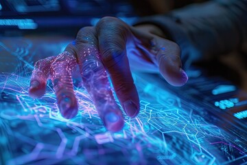 hand processing data,virtual hand, data holograms, data analysis, on a screen