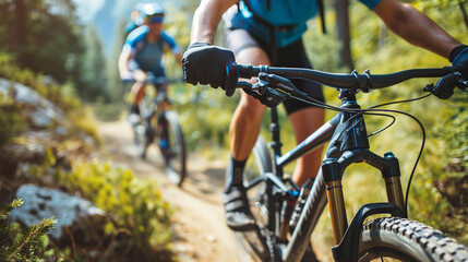 Fototapeta premium Tourists riding bicycles in the mountain