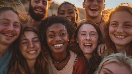 Fototapeta premium A group of smiling people stand close to each other, creating a colorful composition in the photo. Their radiant smiles and relaxed poses make the photo look spontaneous and full of authentic emotions