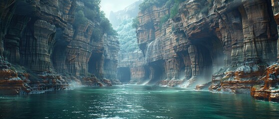 wide river shot with brutalist pillars lining both sides in a valley, narrow open sky, ground level, depth cinematic, dark, centre composition, 3d