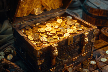An old pirate chest filled with treasure and gold coins, exuding a sense of adventure and discovery