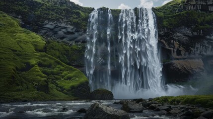 Majestic waterfall in a rugged landscape, powerful flow, lush green surroundings, digital art, dramatic and captivating