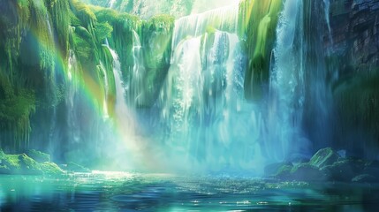 Hidden waterfall in a tropical paradise, vibrant green and blue colors, sunlight creating rainbows in the mist, digital painting, tranquil and enchanting