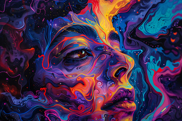 Psychedelic art featuring vibrant colors, abstract patterns, and surreal imagery, creating a mesmerizing and mind-bending visual experience