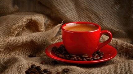 Red cup and saucer along with coffee and coffee beans displayed on a brown fabric backdrop