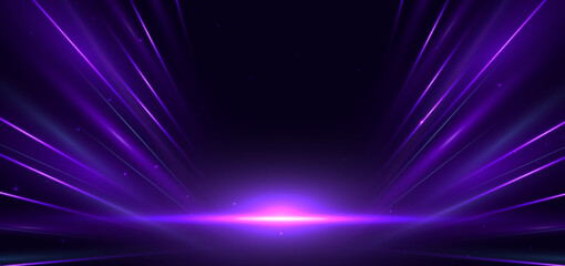Abstract purple light rays on black background with lighting effect and bokeh.