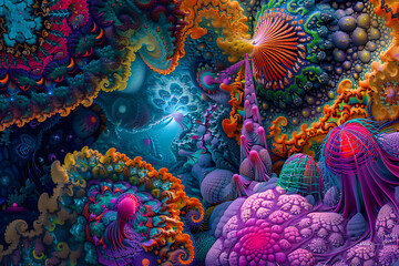 Psychedelic art featuring vibrant colors, abstract patterns, and surreal imagery, creating a mesmerizing and mind-bending visual experience