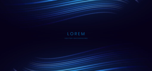 Abstract futuristic glowing blue waves lines with speed motion moving on dark background.