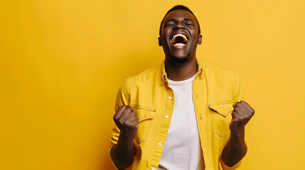 Portrait of excited young African American man celebrating success over yellow background with copy space area.