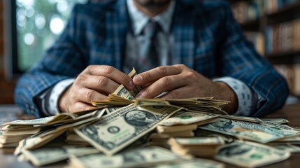 Close-up of a businessman's hands counting a large stack of dollar bills.