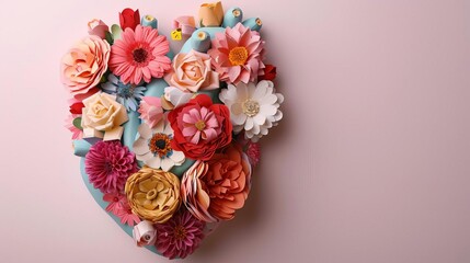 Craft a vibrant 3D human heart artwork integrating fresh flowers and paper collage, highlighting anatomical elements in soft pastel tones on a simple background