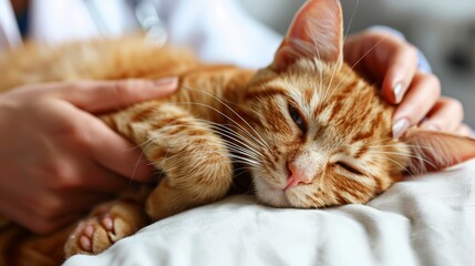 A veterinarian gently strokes a ginger cat resting on a white blanket.  The cat appears calm and relaxed.