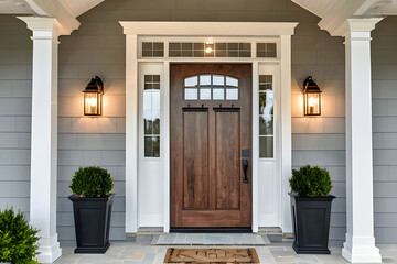 Front door and covered porch of new home exterior: solid wood door is flanked by sconce lights and has glass panels in upper portion and mullions.