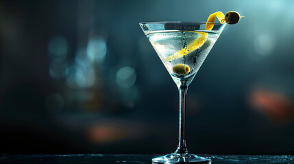 A sophisticated Martini cocktail with gin and vermouth, garnished with a lemon twist or olives, served in a chilled martini glass