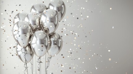 Silver balloons and confetti falling against a white background.