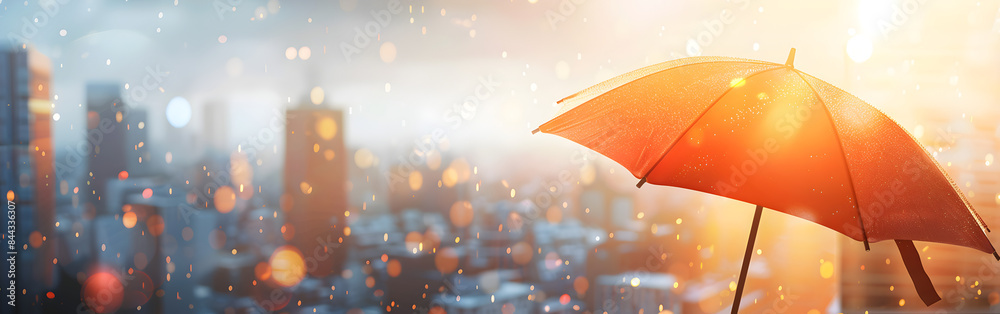 Wall mural Orange umbrella on landscape city an with bokeh in the  background