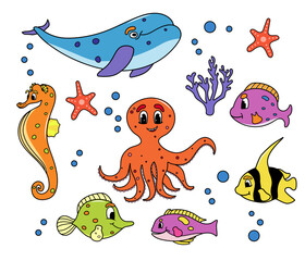 Set of characters in  comic style. Vector illustration. Isolated. Underwater world. Fish, corals, whales, dolphins. octopus. Hand drawn. Isolated. Marine. Aquarium. Sea and river.