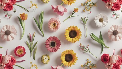 Fototapeta premium Pattern of flowers on white background top view mock up