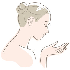 Young woman holding hand with empty space, closed eyes and smile. Vector illustration in line drawing, isolated on white background.