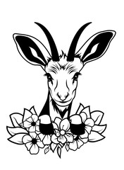 Cute Floral Antelope | Pronghorn | Oryx | Gazelle Horns | Wyoming | Wildlife Safari Animal | Livestock | Original Illustration | Vector and Clipart | Cutfifle and Stencil