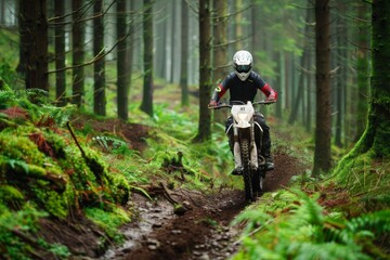 A rider navigating through a forest trail on a motocross bike