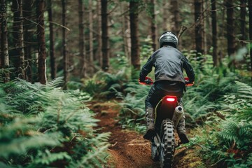 A rider navigating through a forest trail on a motocross bike