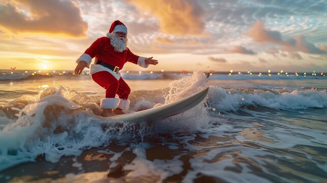 Santa in a red suit surfing at sunrise on a sandy beach