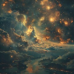 Fototapeta premium Ethereal Cosmic Landscapes Luminous Interstellar Nebulae and Swirling Galactic Formations