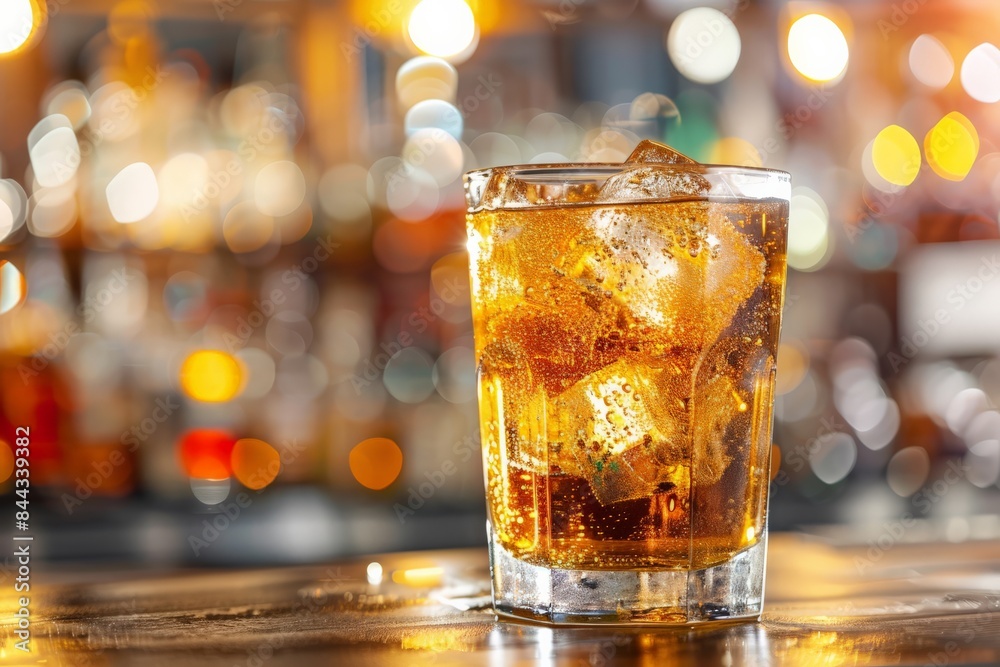 Poster Close-up of a glass of soda on a bar counter with sparkling ice cubes and lively bokeh lights