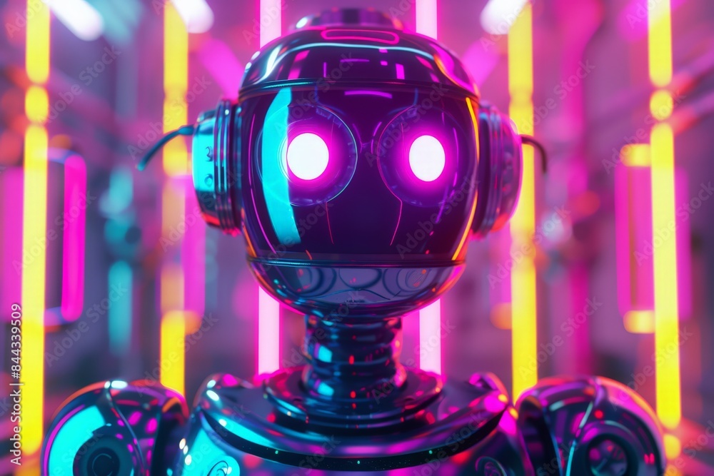 Aufkleber a digitally created friendly robot with pink eyes and a curious expression, against a vibrant neon-l