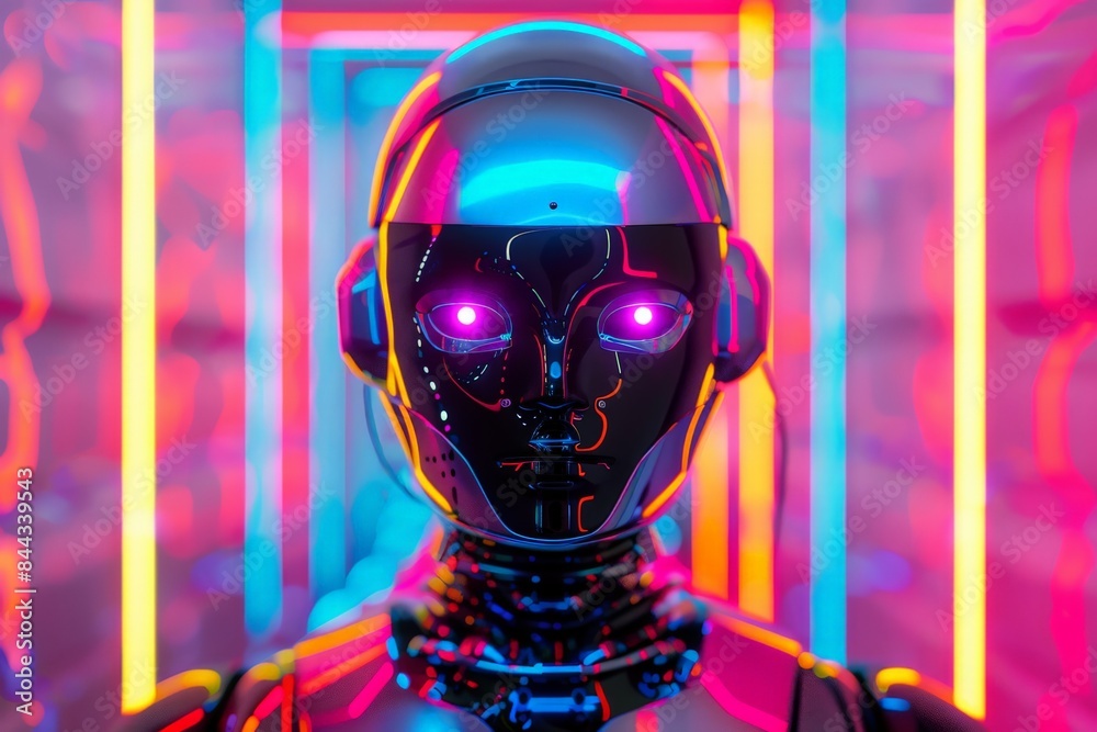 Aufkleber a conceptual image of a futuristic robot head with a blank face, illuminated by vibrant neon lights