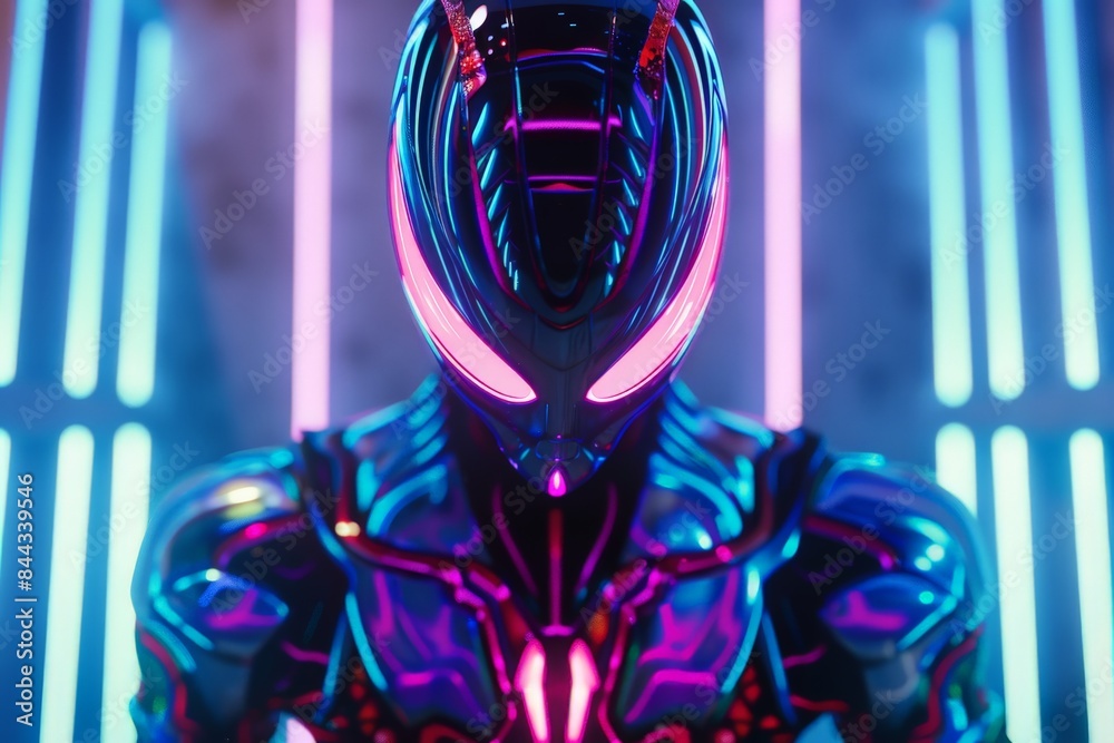 Poster A high-resolution image of a cybernetic humanoid figure with glowing neon accents and a mask-like face, in a futuristic setting