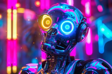 Fototapeta premium Close-up of a sleek humanoid robot with glowing yellow eyes and intricate technological details