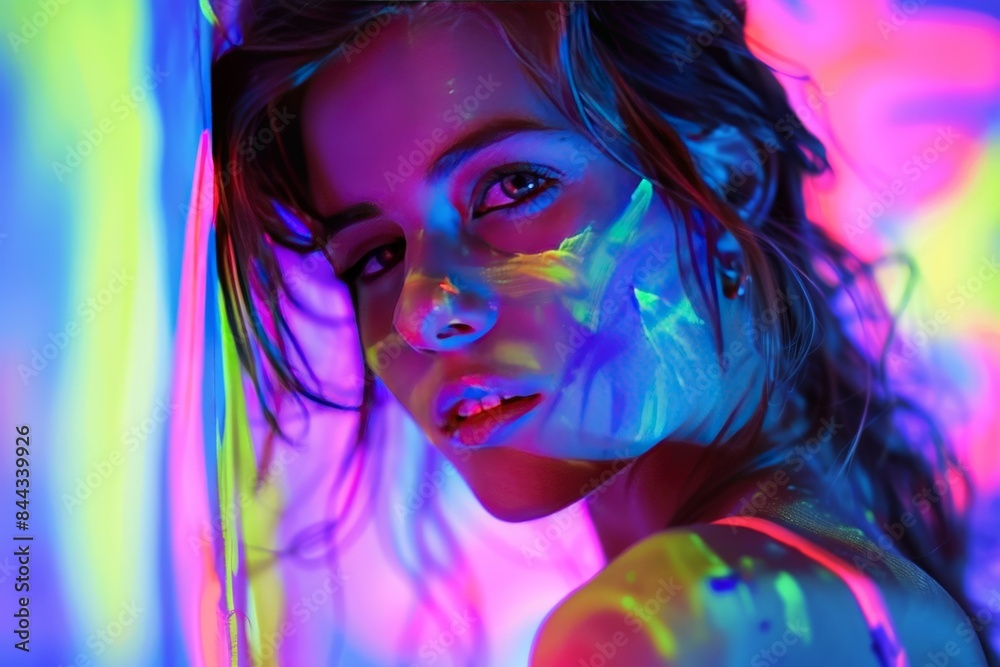 Aufkleber a person is obscured by a colored block with vibrant neon lighting illuminating the scene