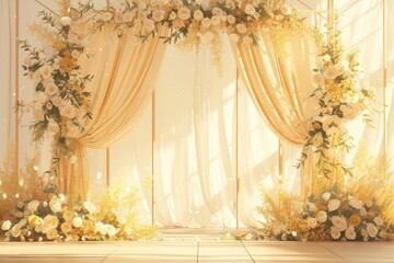 Golden Floral Wedding Arch with Sheer Curtains
