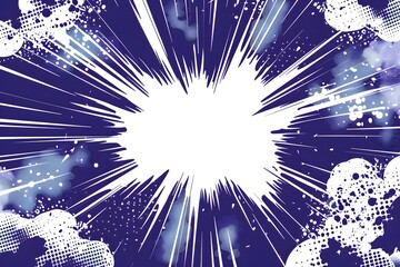 Abstract blue and white comic book explosion background with empty center space for text or design