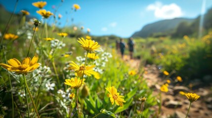 Obraz premium Serene Hiking Adventure, Exploring a Lush Dirt Trail with Wildflowers Blooming - Ideal for Marketing Campaigns