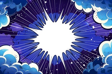 Abstract comic book style background with a blue and white color scheme, a cartoon explosion cloud...