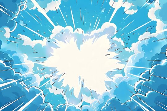 Abstract comic book style background with a blue and white color scheme, a cartoon explosion cloud design with copy space