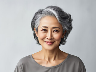 Elderly oriental woman with smooth healthy facial skin. Beautiful aging mature woman with gray short hair, happy face. Concept of advertising beauty and cosmetics for women's skin care. Copy space.