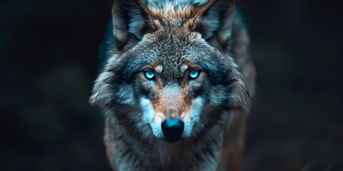 Obraz premium Porträt eines Wolfes mit blauen Augen und schwarzem Hintergrund