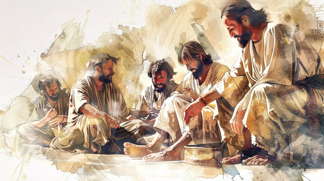 A depiction of Jesus washing the feet of his disciples during the Last Supper, showcasing humility and servant leadership