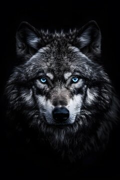 a portrait of a wolf with blue eyes and black background