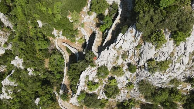 Amazing Aerial view of Vradeto Steps at Vikos gorge and Pindus Mountains, Zagori, Epirus, Greece
