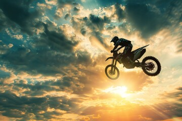 Fototapeta premium A motocross rider performing a high jump against a dramatic sky backdrop