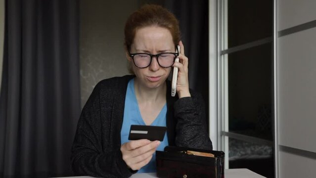 Woman with smartphone talking to phone scammers, criminal demanding card information, victim unaware of fraud.