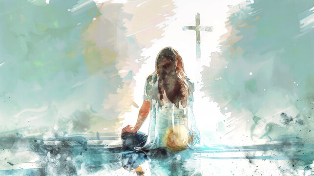 A woman sits alone in a church, facing a cross, her back to the viewer, seemingly lost in prayer