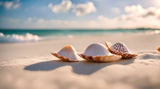 Distant Side View of Ornate Shells on White Sandy Beach