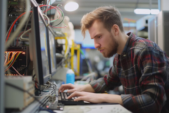 Young man programming and testing circuits on a computer in a lab