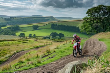 A motocross race through a scenic countryside track with rolling hills